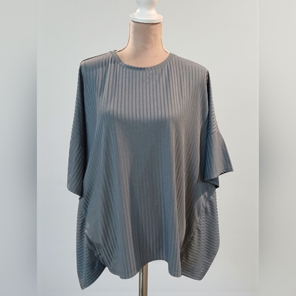 Marla Wynne Blue Ribbed Oversized Boxy Blouse Medium Lagenlook Assymetrical